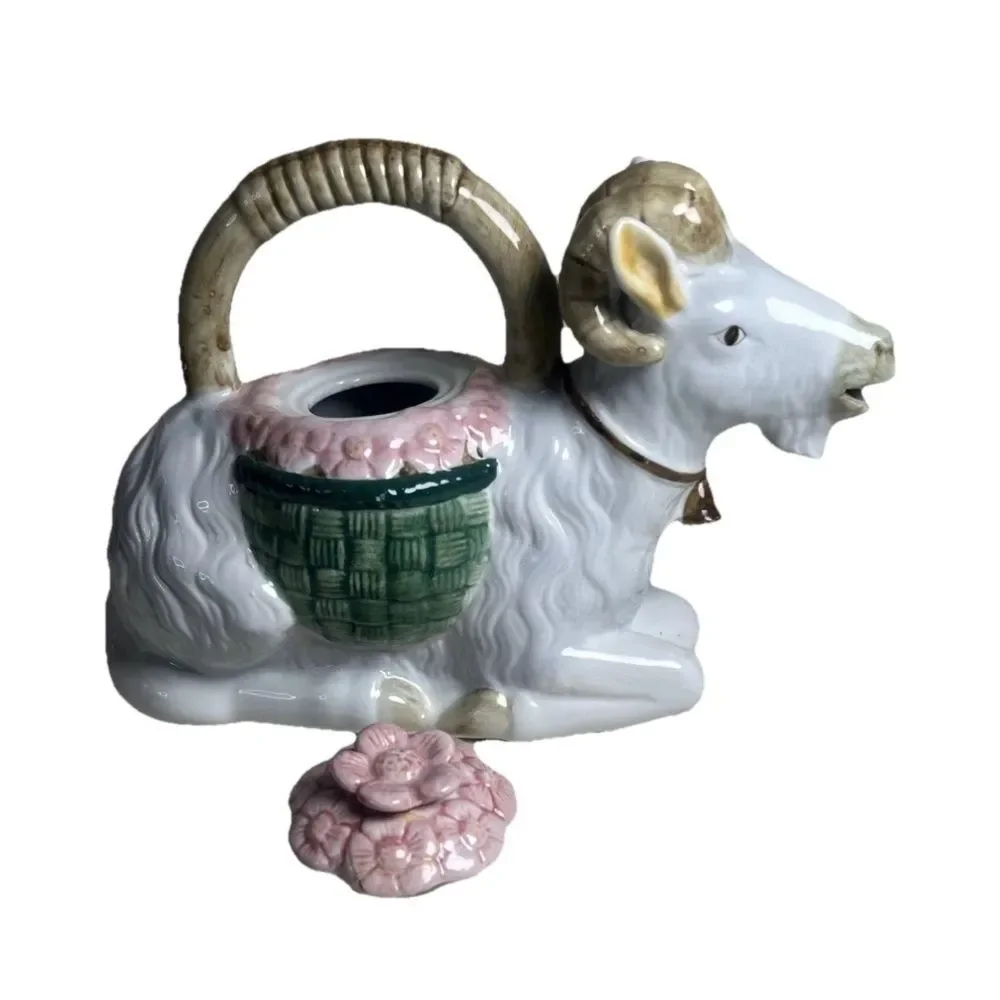Napco Ram Floral Ceramic Vintage Teapot 7.5” Tall Cottagecore Collector Teapot